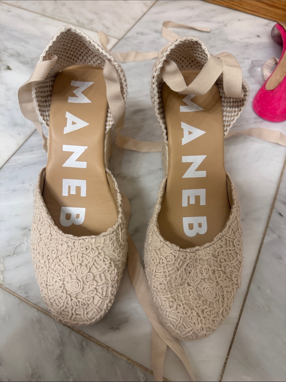 MANEBÍ Beige Crochet Espadrille Ankle-Tie Flats
